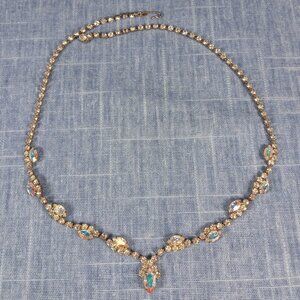 1960s Vintage Necklace with Aurora Borealis Rhinestones and a Center Drop Stone